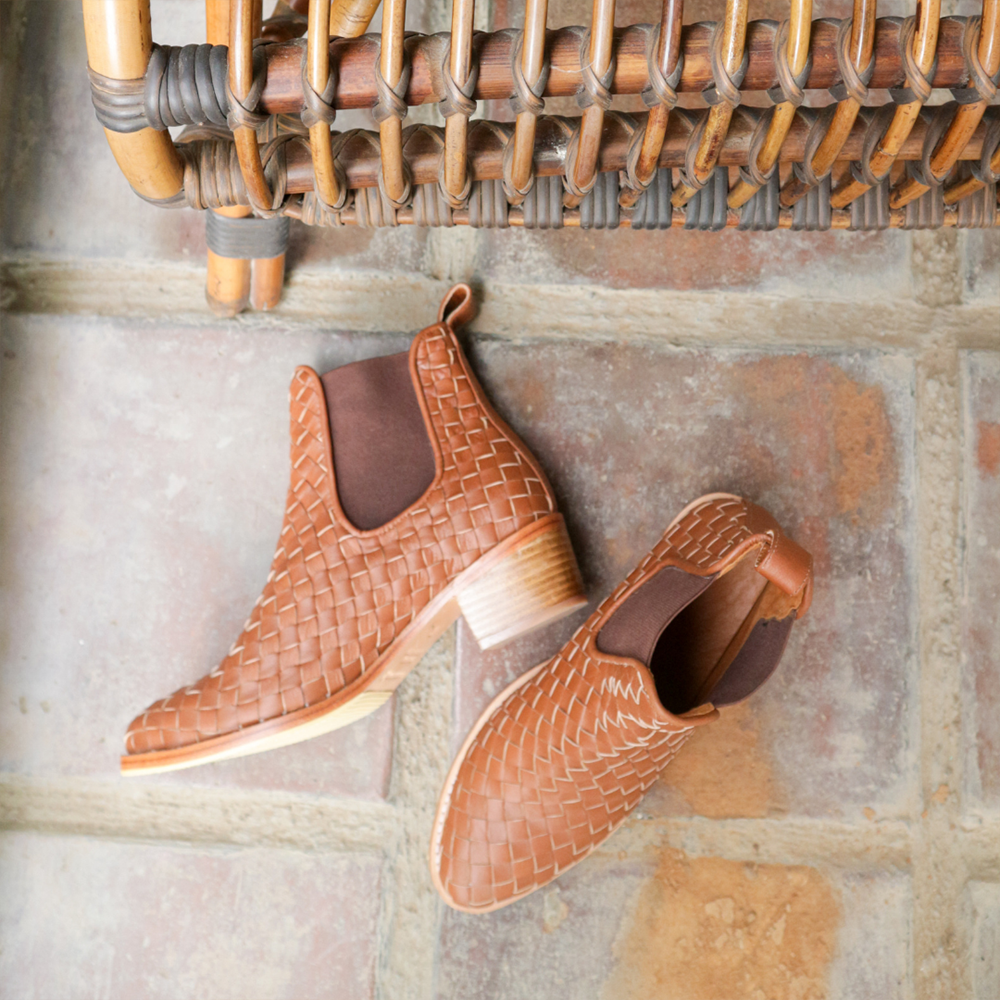 Brown Woven Detail Round Toe Chunky Heel Short Boots for Women