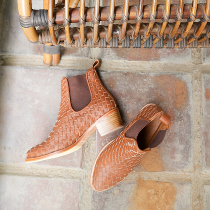 Brown Woven Detail Round Toe Chunky Heel Short Boots for Women