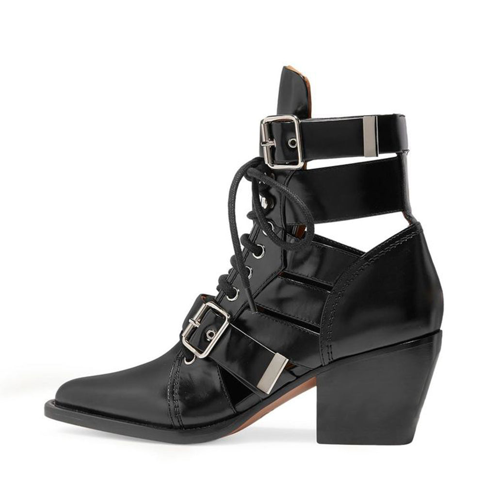 Black Gladiator Lace-Up Buckle Strap Pointed Toe Cut-Out Ankle Boots