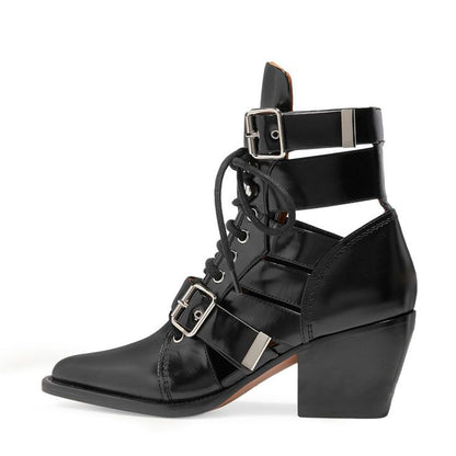 Black Gladiator Lace-Up Buckle Strap Pointed Toe Cut-Out Ankle Boots
