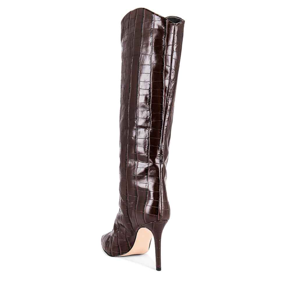 Brown Pointed Toe 3'' Stiletto Heel Wide Calf Knee High Boots