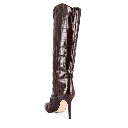 Brown Pointed Toe 3'' Stiletto Heel Wide Calf Knee High Boots