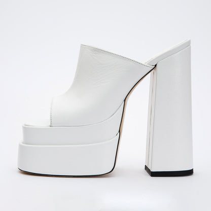 Women's White Open Square Toe High Heel Double Platform Mules