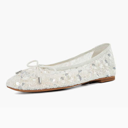 Chic White Mesh Sequin Flower Square Toe Bow Decor Ballet Flats