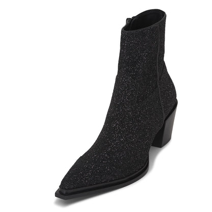 Black Glitter Snip Toe Side-Zipped Block Heel Ankle Boots for Women
