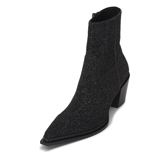 Black Glitter Snip Toe Side-Zipped Block Heel Ankle Boots for Women