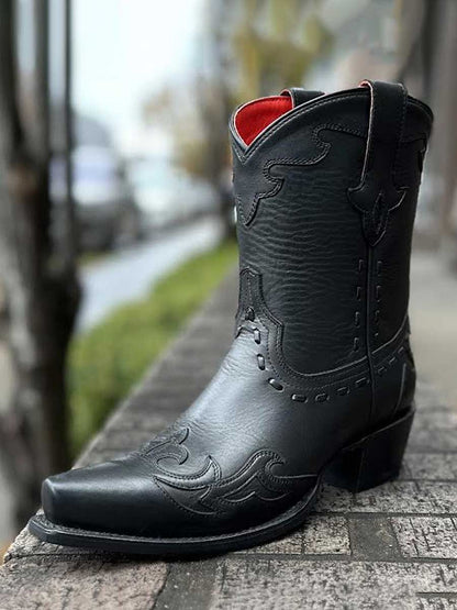 Black Snip Toe Embroidered Cowgirl Ankle Boots with Chunky Heels