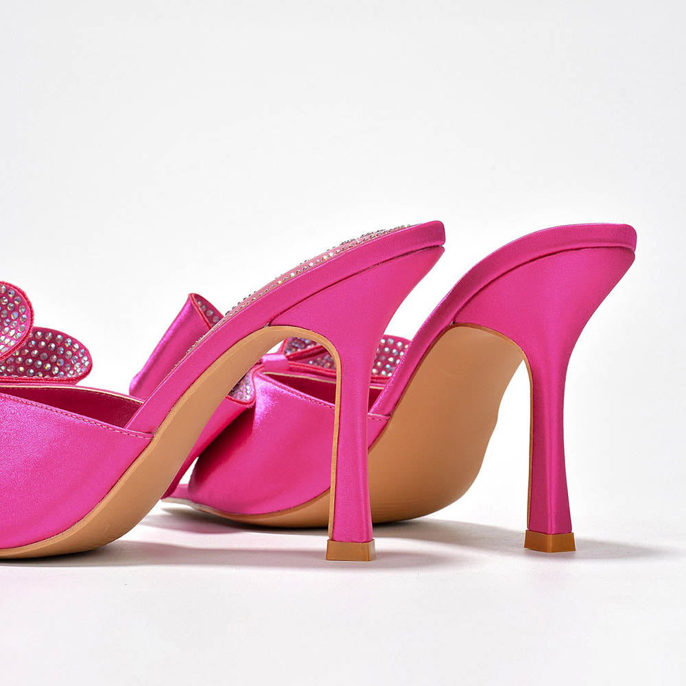 Women's Hot Pink Mules Shoes Pointed Toe Rhinestone Bow Heels