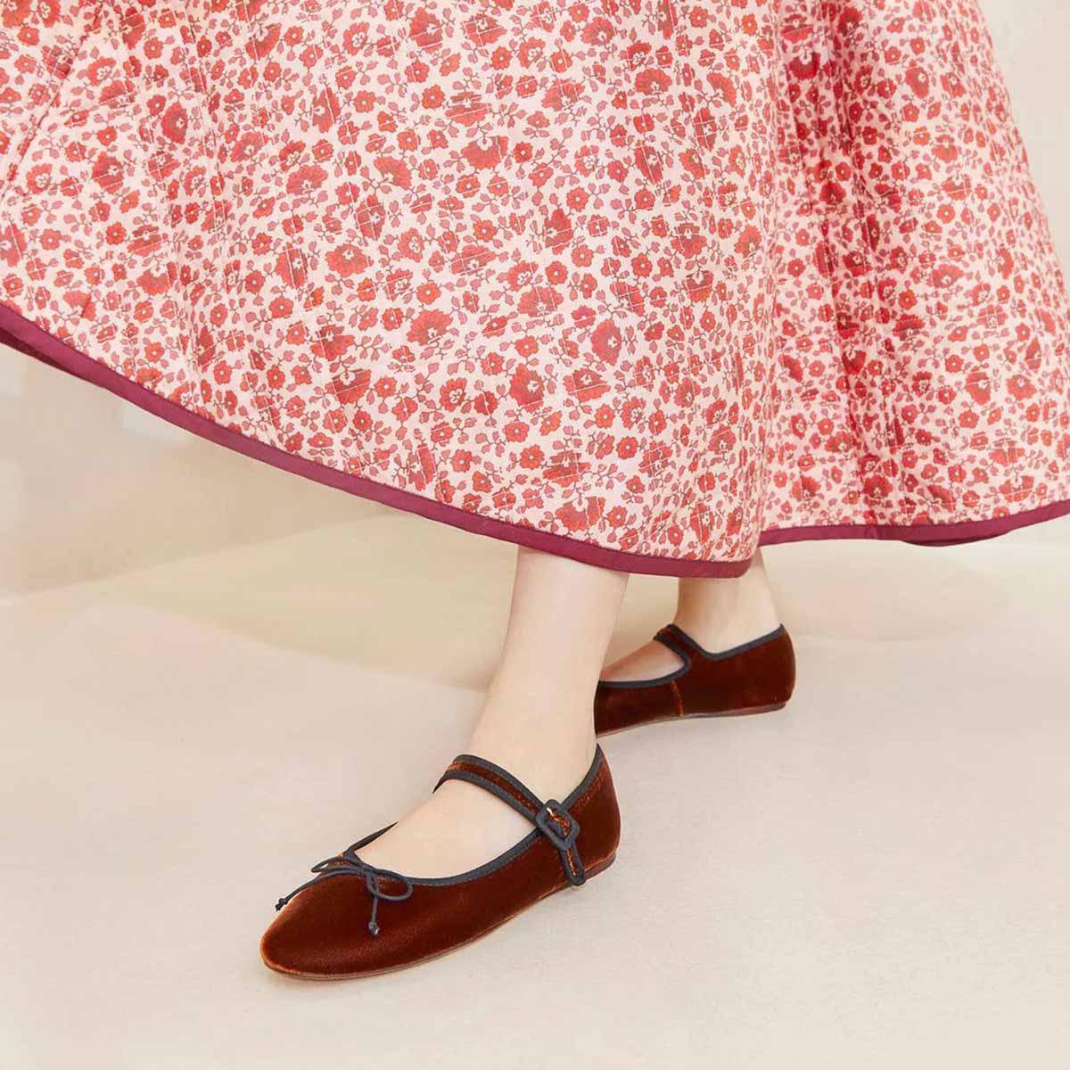 Brown Slip-On Velvet Round Toe Bow Tie Buckle Strap Mary Jane Flats