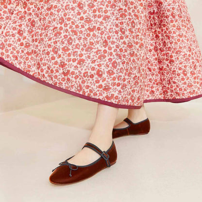 Brown Slip-On Velvet Round Toe Bow Tie Buckle Strap Mary Jane Flats