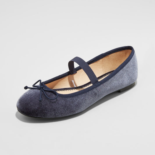 Navy Velvet Round-Toe Bowknot Ballet Flats with A Strap