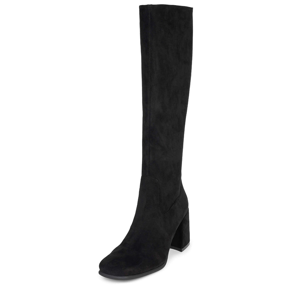 Black Faux Suede Square Toe 3'' Chunky Heel Wide Calf Knee High Boots