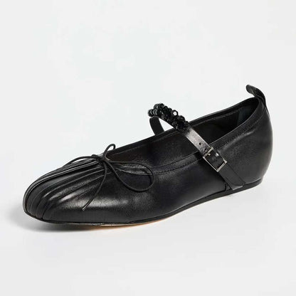 Black Bow Pleated Round Toe Ballet Flats with Beaded Buckle Strap