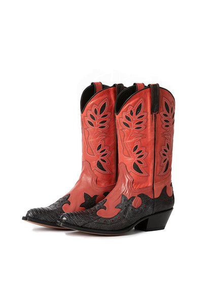 Black & Red Vegan Leather Pointed Toe Embroidered Wide Calf Cowgirl Ankle Boots With Chunky Heels