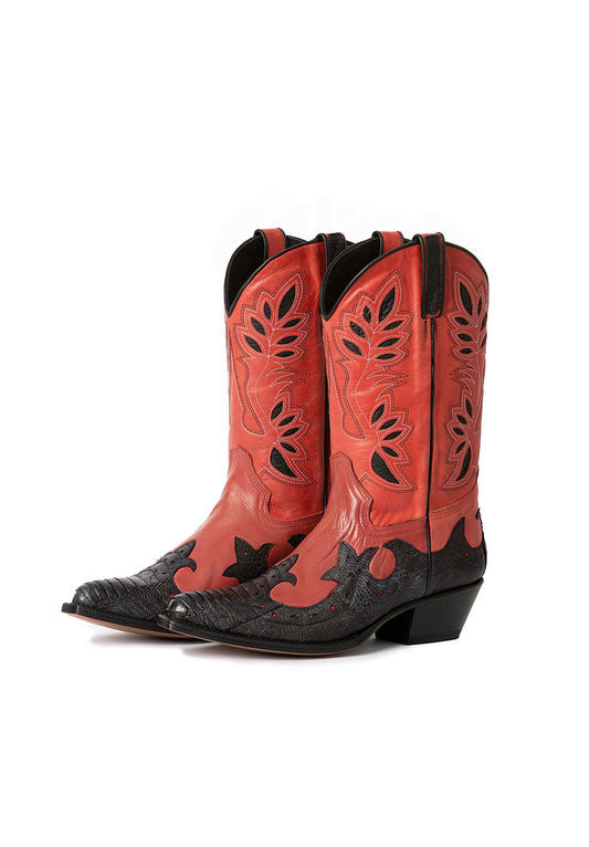 Black & Red Vegan Leather Pointed Toe Embroidered Wide Calf Cowgirl Ankle Boots With Chunky Heels