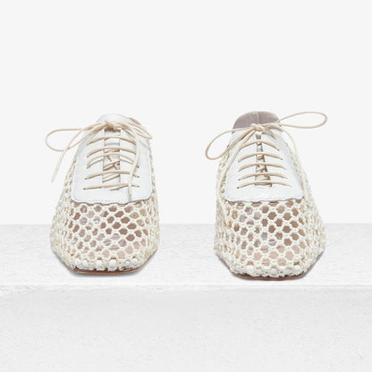 White Mesh Square Toe Woven Lace-Up Flat Shoes foe Women