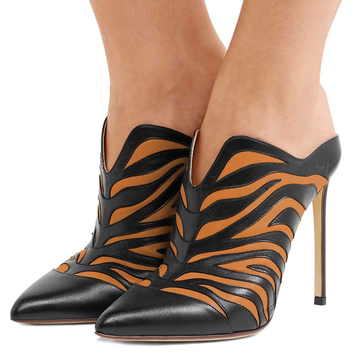 Black & Orange Pointed Toe Animal Print Mule Heels for Women