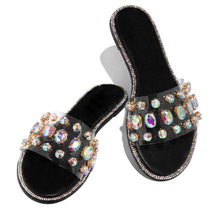 Transparent Strap Mules Round Toe Rhinestone Sandals Beach Flats