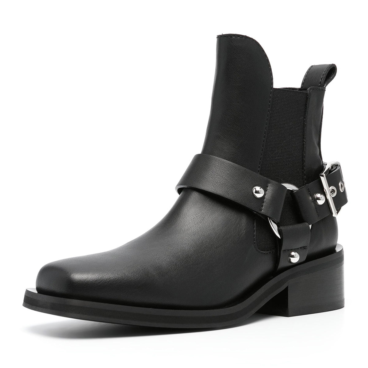 Black Buckle Strap Square Toe Ankle Boots for Women with Low Heel