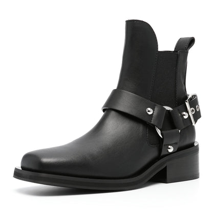 Black Buckle Strap Square Toe Ankle Boots for Women with Low Heel