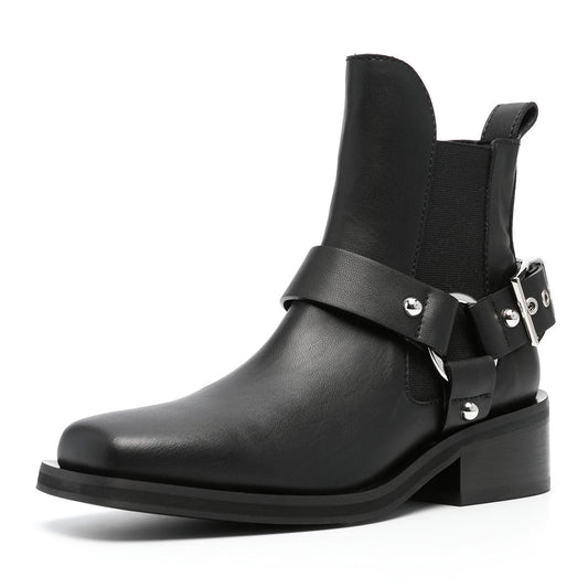 Black Buckle Strap Square Toe Ankle Boots for Women with Low Heel