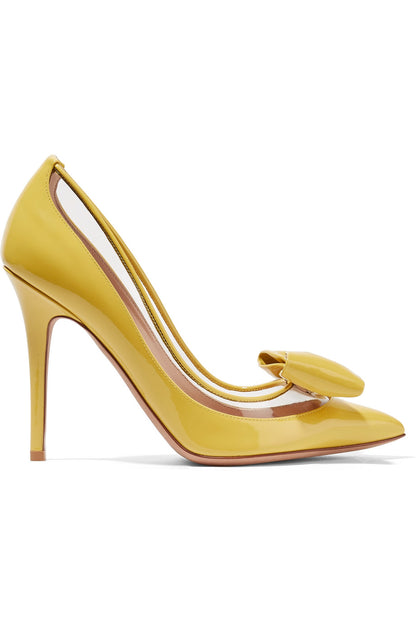 Yellow Patent Leather & PVC Patchwork Pointed Toe Bow Pumps Heels