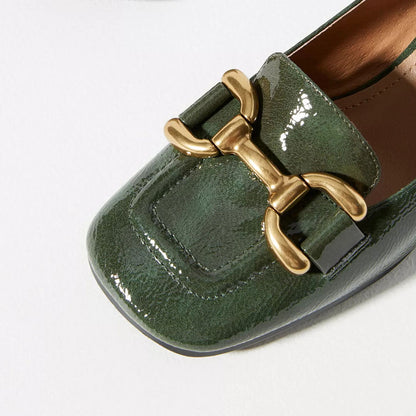 Vintage Green Square Toe Chunky Heel Slip-On Horsebit Loafers