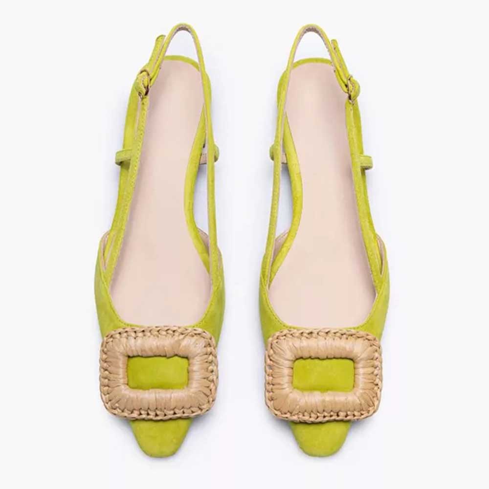Women's Green Vegan Suede Closed Toe Buckle Slingback Flats