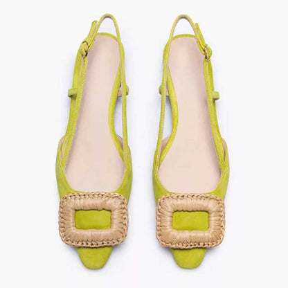 Women's Green Vegan Suede Closed Toe Buckle Slingback Flats