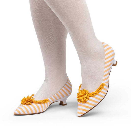 Orange & White Striped Floral Pleated Trim Pointed Toe Pumps Heels
