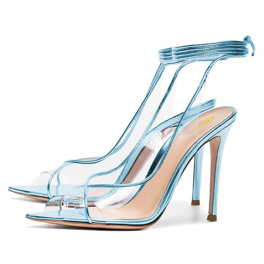 Women's Strap Around Ankle Clear Heels Peep Toe Pumps in Blue