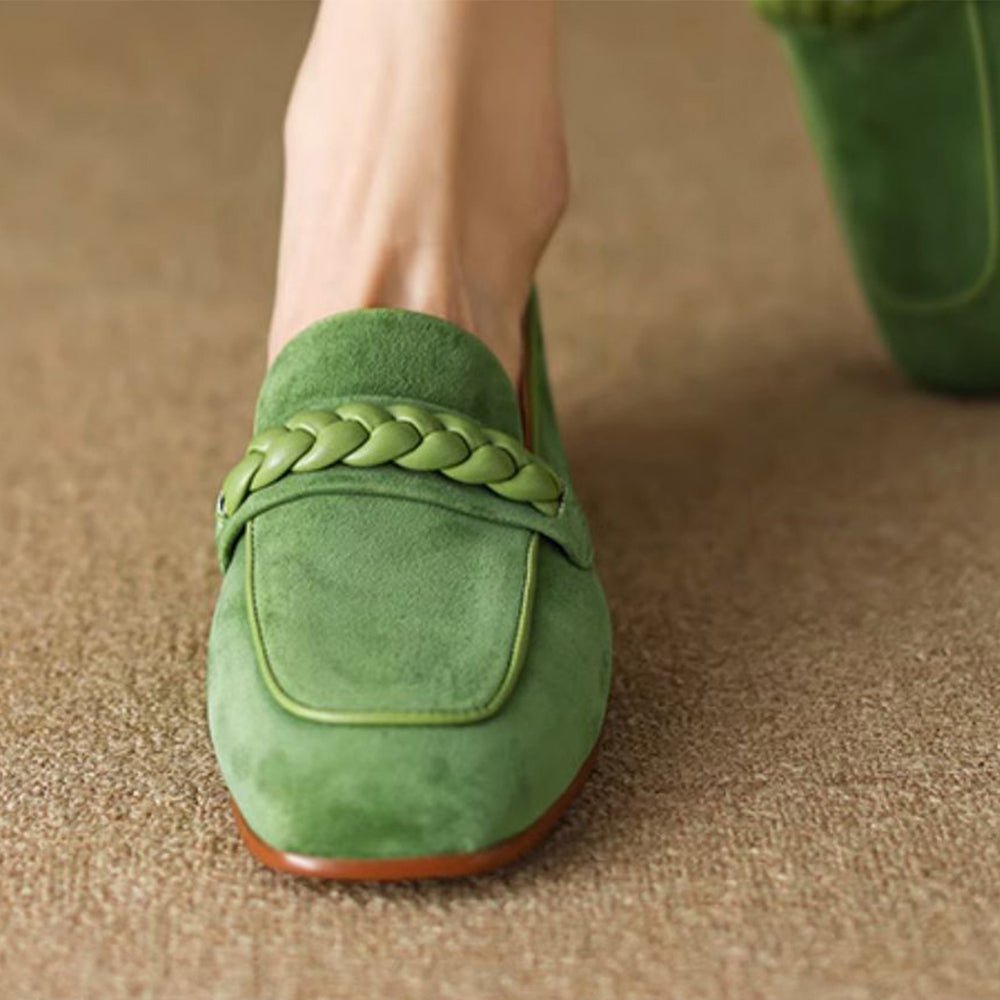 Green Vegan Suede Square Toe Chunky Heel Chain Loafers