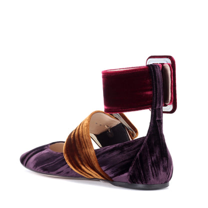 Purple Velvet Mary Jane Shoes Oversized Buckle Strap Pointy Toe Flats