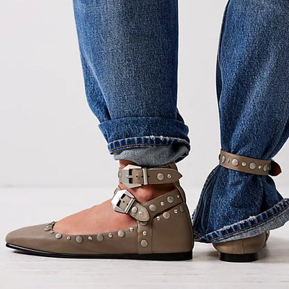 Women's Square Toe Studs Shoes Bucked Ankle Strap Flats in Brown