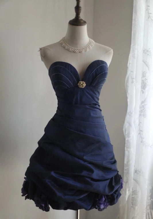Vintage Navy Blue Sweetheart Design A-line Strapless Party Dresses Homecoming Dresses, TP3801