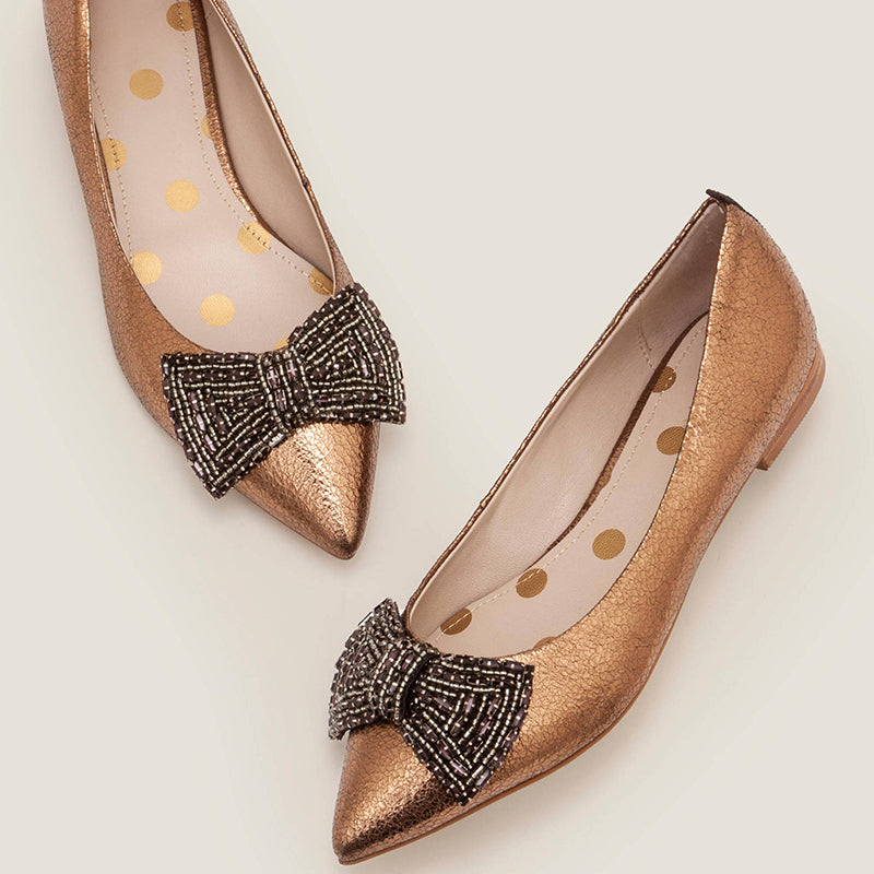 Rose Gold Pointy Toe Beaded Bow Comfortable Flats