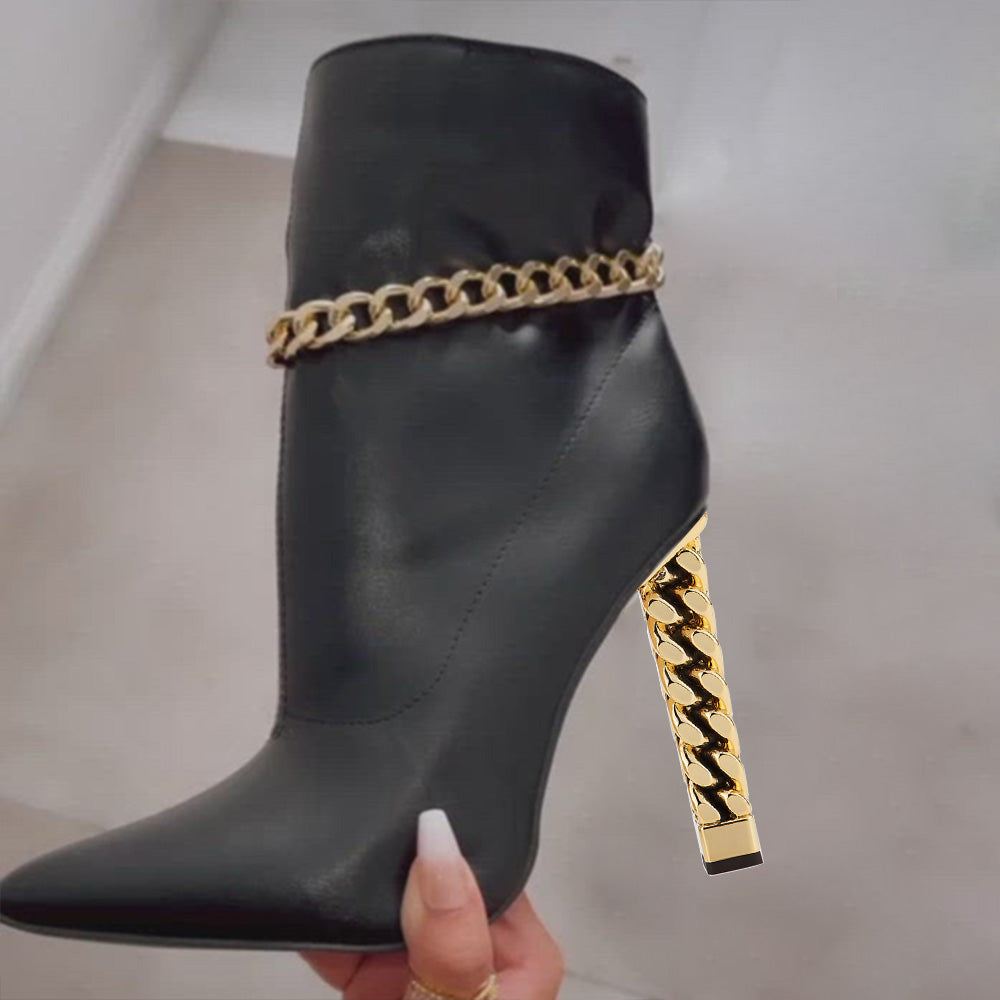 Black Pointed Toe Decorative Heel Ankle Boots with Gold Chain