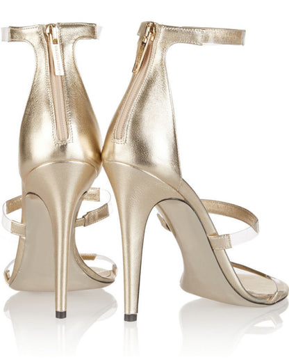 Women's Champagne Tri-Straps Clear Stiletto Heels Sandals