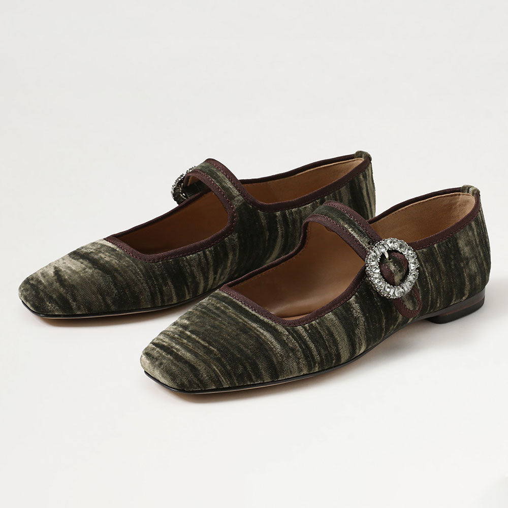 Velvet Square Toe Crystal Buckled Strap Mary Jane Flats in Dark Green
