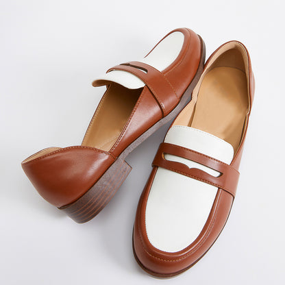 Brown & White Faux Leather Block Heel Round Toe Vintage Loafers