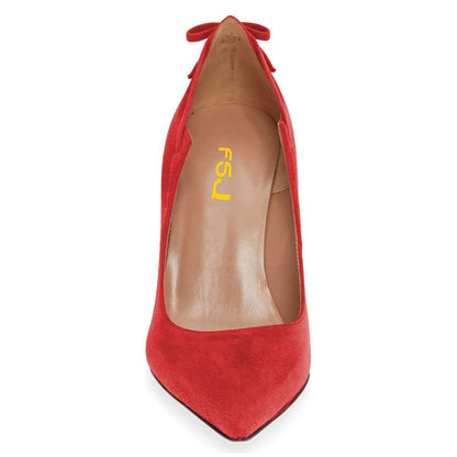 Women's Pointed Toe Curve Detail Vegan Suede Pumps Heels in Red