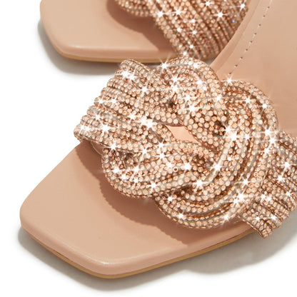 Beige Open Square Toe 4'' Decorative Heel Rhinestone Mules