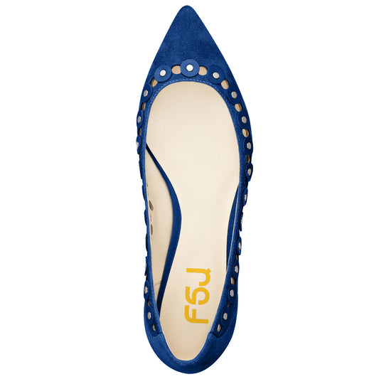 Blue Vegan Suede Hollow Out Studded Pointed Toe Flats for Women