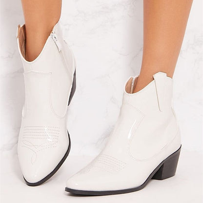 Women's White Patent Leather Closed Toe Block Heel Short Western Boots