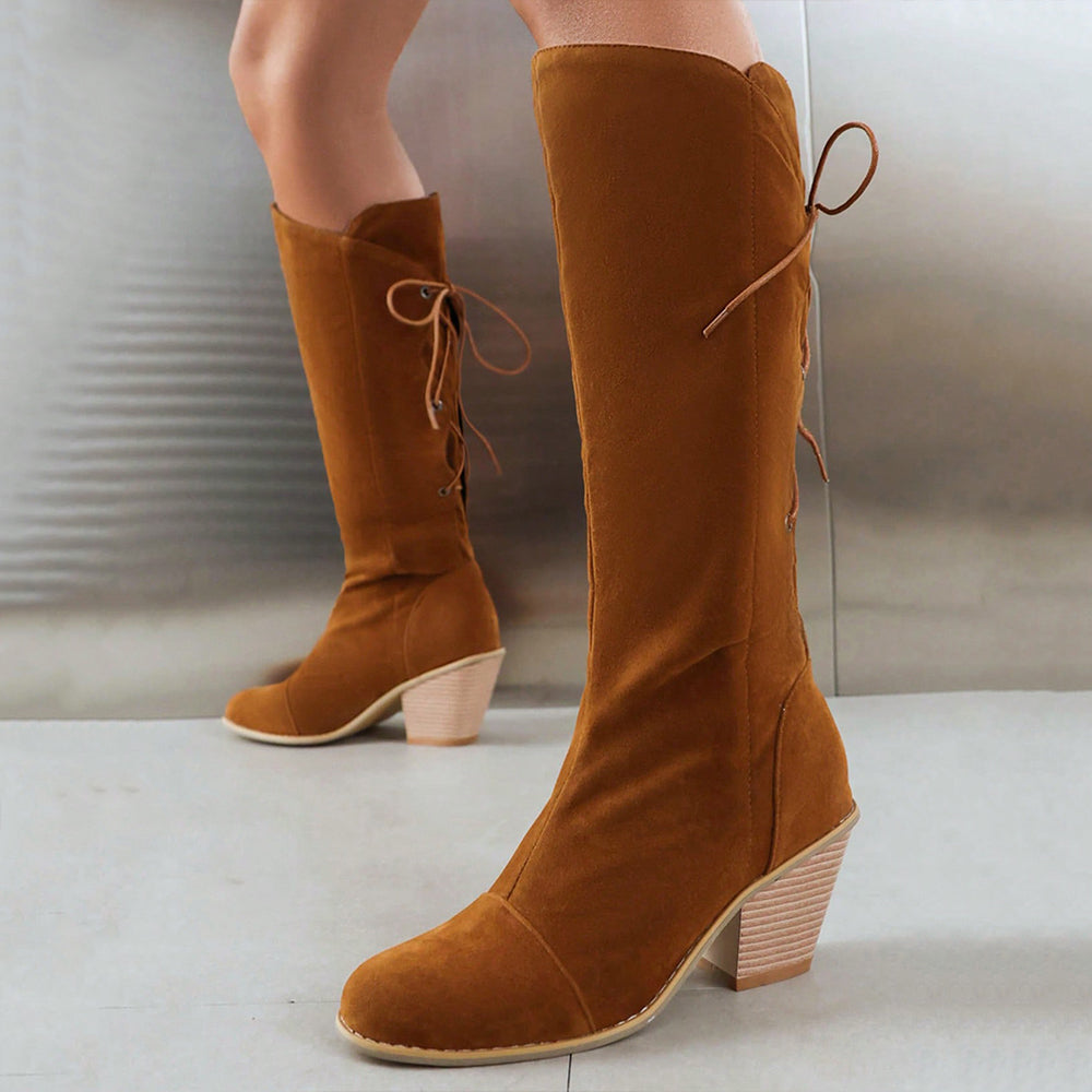 Brown Faux Suede Closed Toe Chunky Heel Lace Up Knee High Boots