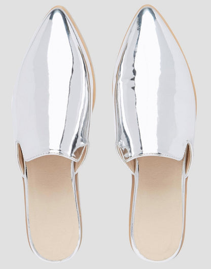 Stylish Metallic Silver Loafer Mules Pointed Toe Flats for Women