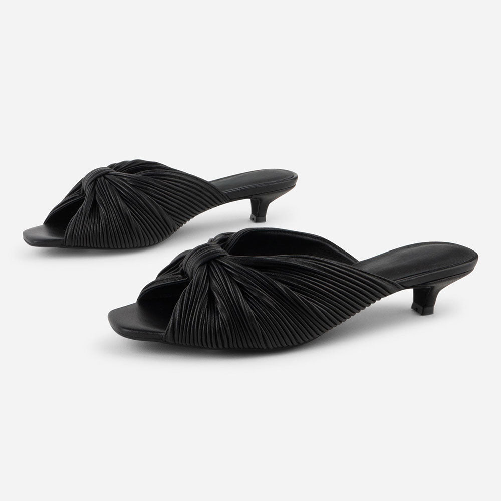 Women's Black Knot Detail Peep Toe Pleated Mule Kitten Heels
