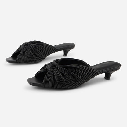 Women's Black Knot Detail Peep Toe Pleated Mule Kitten Heels