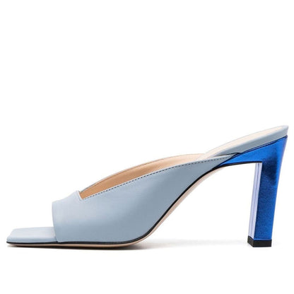 Women's Blue Square Toe Block Heel Mules Shoes