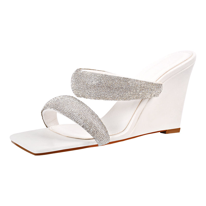 White Square Toe Wedge Sandals Women's Rhinestone Mule Heels